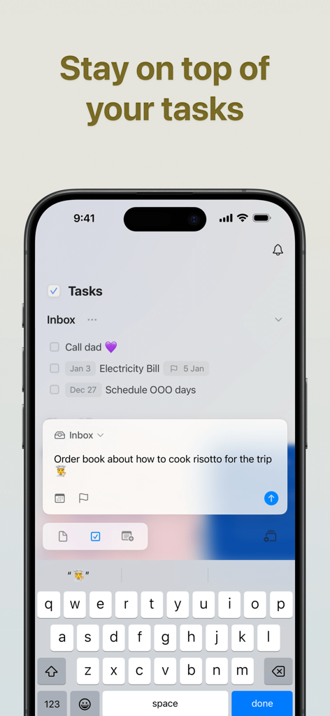 Pantalla del iPhone que muestra la interfaz de gestión de tareas de la aplicación Craft con una lista de entrada y una entrada de nueva tarea