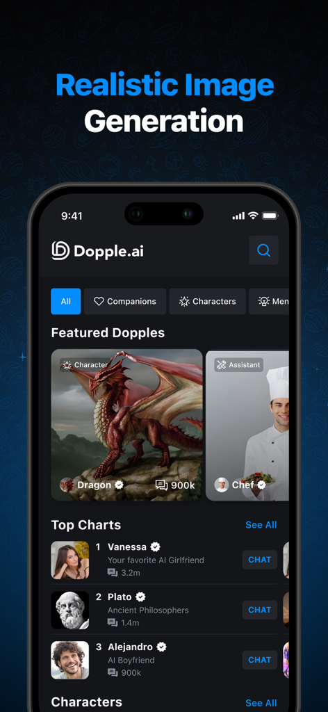 Dopple.AI - Interfaccia dell'app Dopple AI che mostra personaggi in evidenza come un drago e uno chef insieme alle classifiche migliori per i compagni AI.
