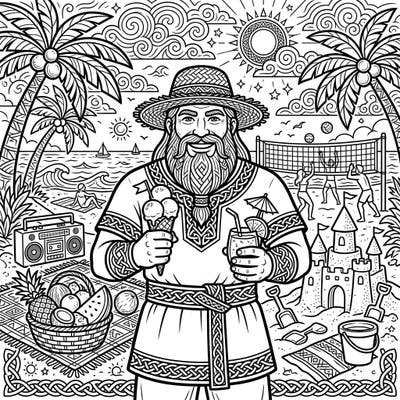 Embark on a unique coloring journey with this Viking Godhi enjoying a vibrant summer vacation. This intricate page combines ancient lore with modern beach fun, perfect for creative relaxation.