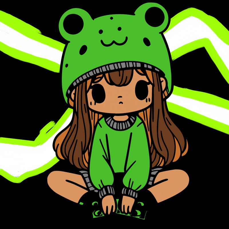 a girl wearing a frog hat and some frog socks