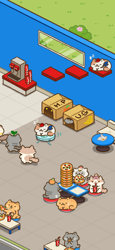 Pizza Cat: 30min fun guarantee - Gatos fofos de desenho animado comendo pizza e relaxando dentro de um restaurante colorido no jogo mobile Pizza Cat