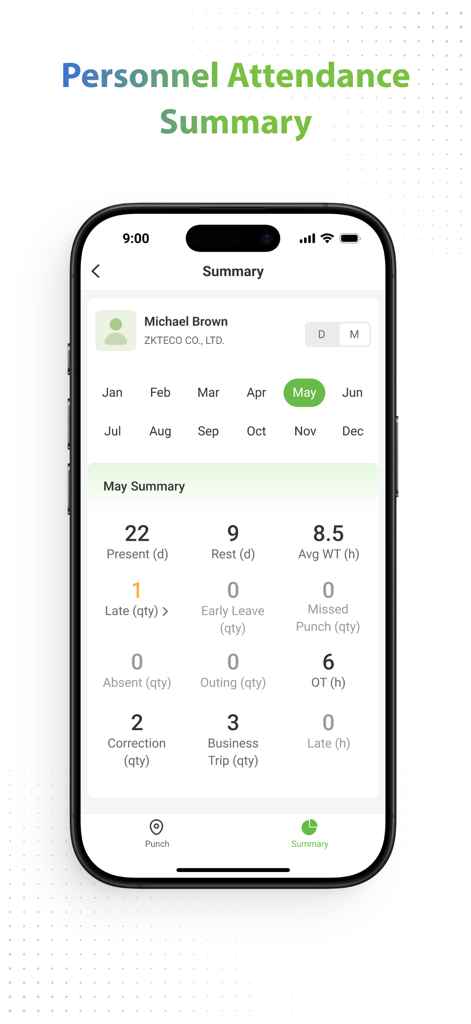 ZKBio Zlink - Mobile app interface showing monthly attendance data including work hours and overtime for an employee