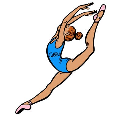 gymnast doing a leap in a leotard with a bent back leg