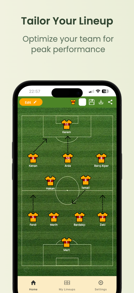 Lineup Builder Pro - Captura de pantalla de una aplicación móvil mostrando un campo de fútbol con una formación de equipo personalizada y flechas de movimiento táctico