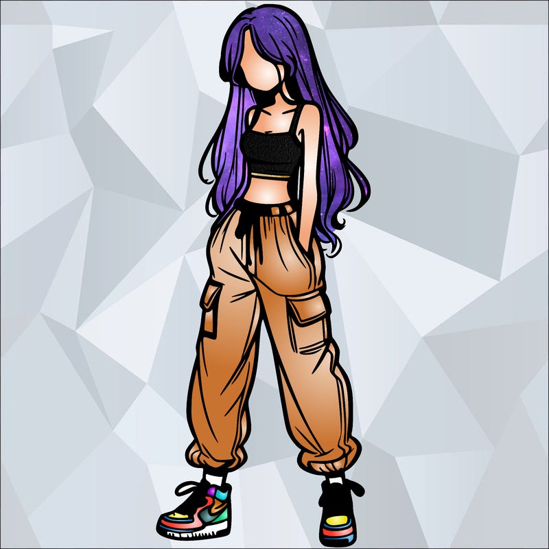 girl in baggy pants crop top and long hair