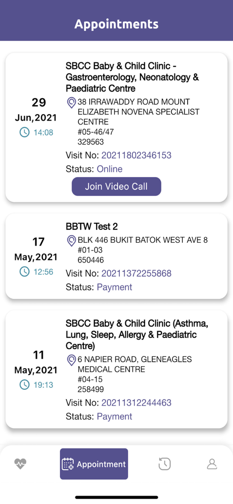 Healthway Medicalアプリの予約画面。クリニックの場所とビデオ通話オプションが表示されています。