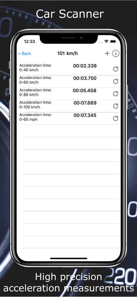 Car Scanner app screen displaying high precision car acceleration measurements and times