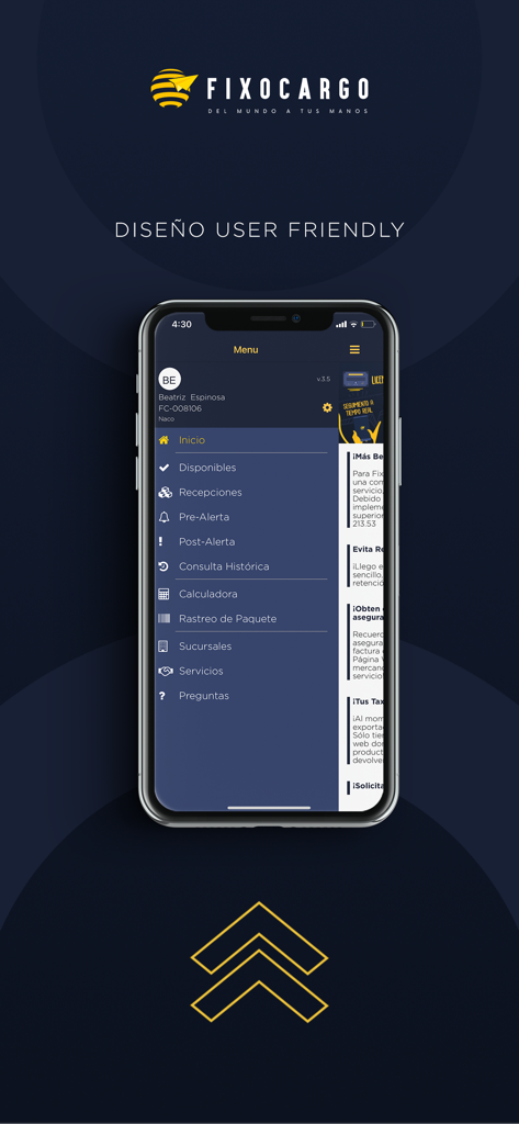 Fixo Cargo - The Fixo Cargo app menu screen displaying logistics services and package tracking options in Spanish.