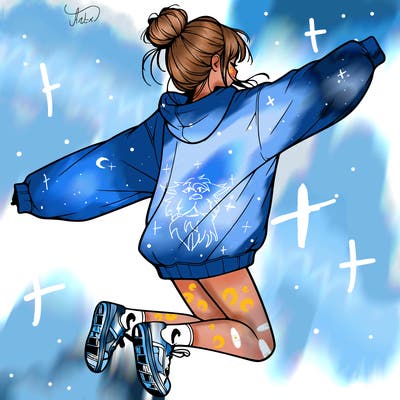 realistic girl jumping with a bun and oversized sweatshirt