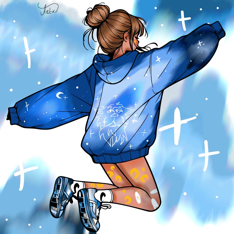 realistic girl jumping with a bun and oversized sweatshirt