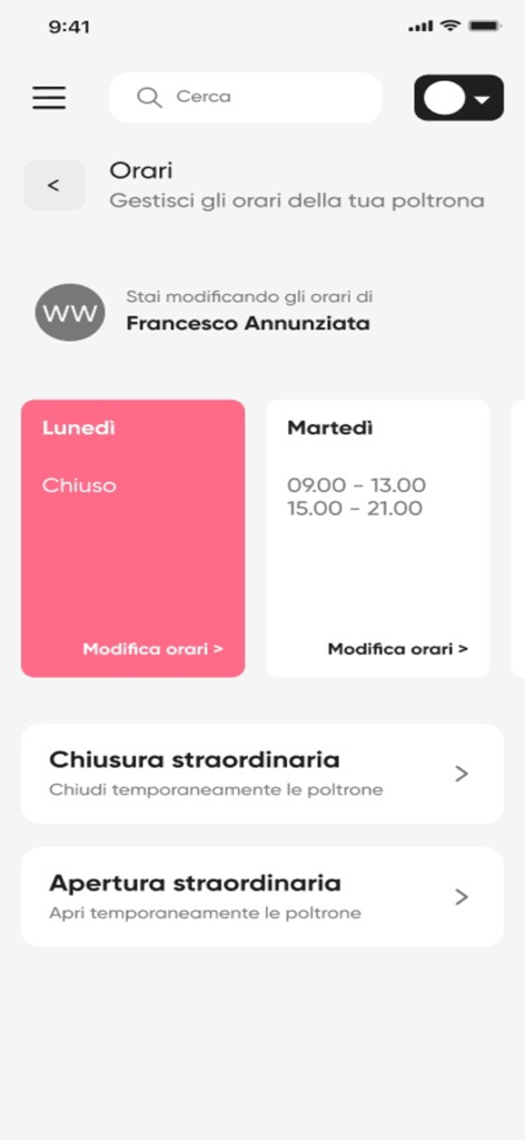 ZetaBarber Business - Interface of ZetaBarber Business app showing barber shop opening hours and scheduling options