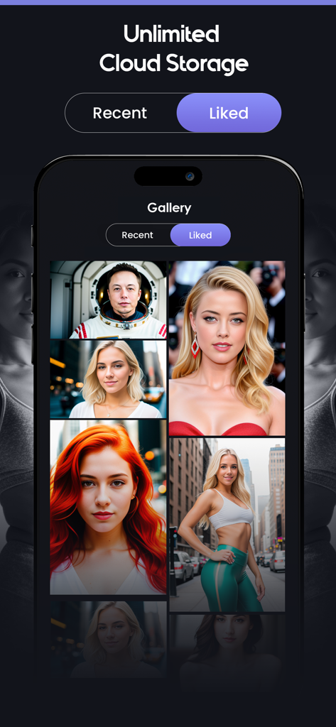 Ai Image Generator - Real AI - Interface do aplicativo móvel Real AI mostrando uma galeria de retratos realistas gerados por IA com armazenamento em nuvem ilimitado