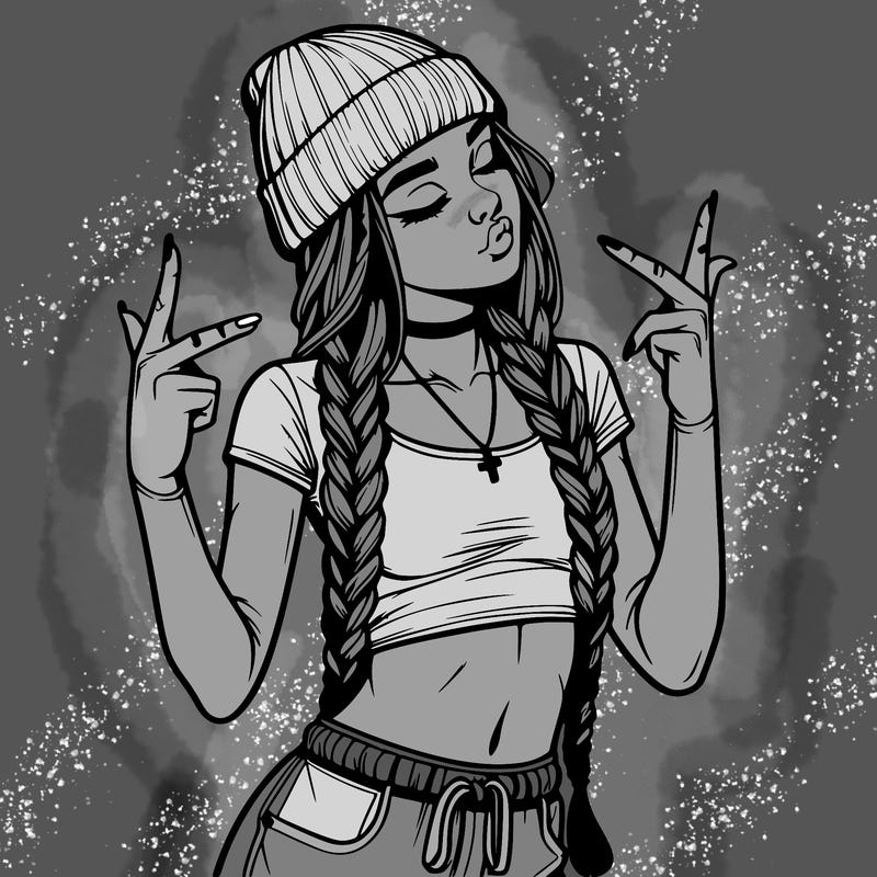 realistic teenage girl with braids and a beanie and crop top doing 🫶🏼
