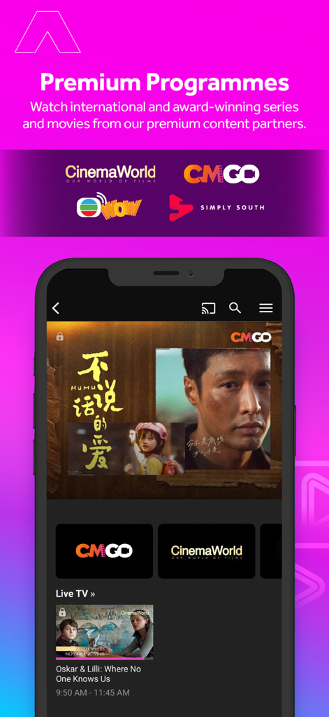 Pantalla promocional de la aplicación mewatch que muestra películas y series de televisión internacionales premium de socios como CinemaWorld y CMGO.
