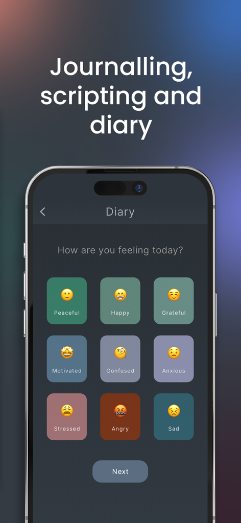 Um smartphone exibindo a interface de rastreamento de humor do aplicativo The Promise com diferentes opções de estado emocional como pacífico, feliz e ansioso