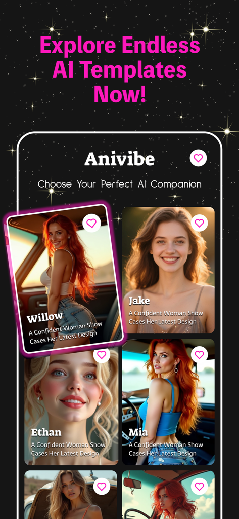 Anivibe app screenshot showing a variety of AI romantic companion profiles to choose from.