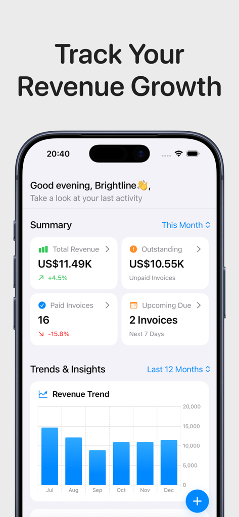Invoice Generator & Estimates - Panel de la aplicación móvil que muestra tendencias de ingresos y resúmenes de facturas para propietarios de pequeñas empresas.