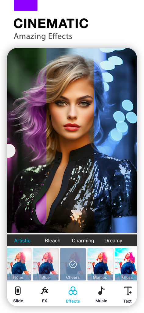 Photo Video Maker With Music - Interfaz de la aplicación Photo Video Maker que muestra efectos y filtros cinematográficos aplicados a un retrato