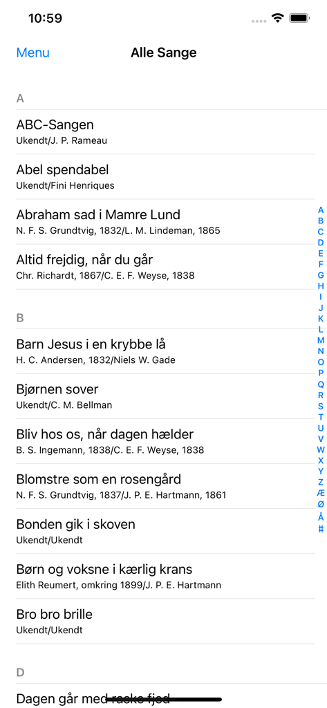 Sangbogen - A list of traditional Danish and European folk songs organized alphabetically in the Sangbogen app.