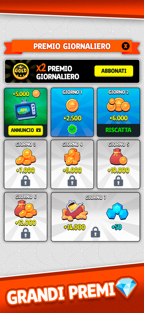 Rubamazzo Più - Card Games - Daily rewards calendar in Rubamazzo Piu app showing coin and diamond prizes for consecutive logins over seven days