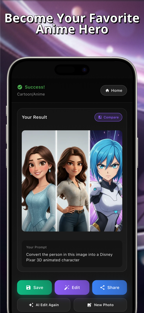 Photogenic AI - Photo Editor - Interfaz de la aplicación Photogenic AI mostrando la conversión de una foto del usuario en personajes de Disney y anime