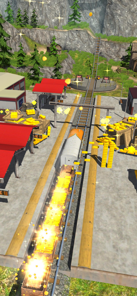 A train transporting glowing gold bars on a track in a mountain environment