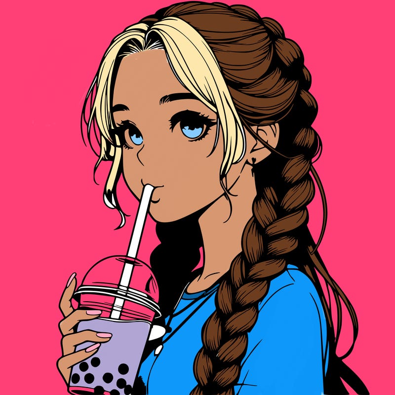 realistic girl with braided hair drinking boba