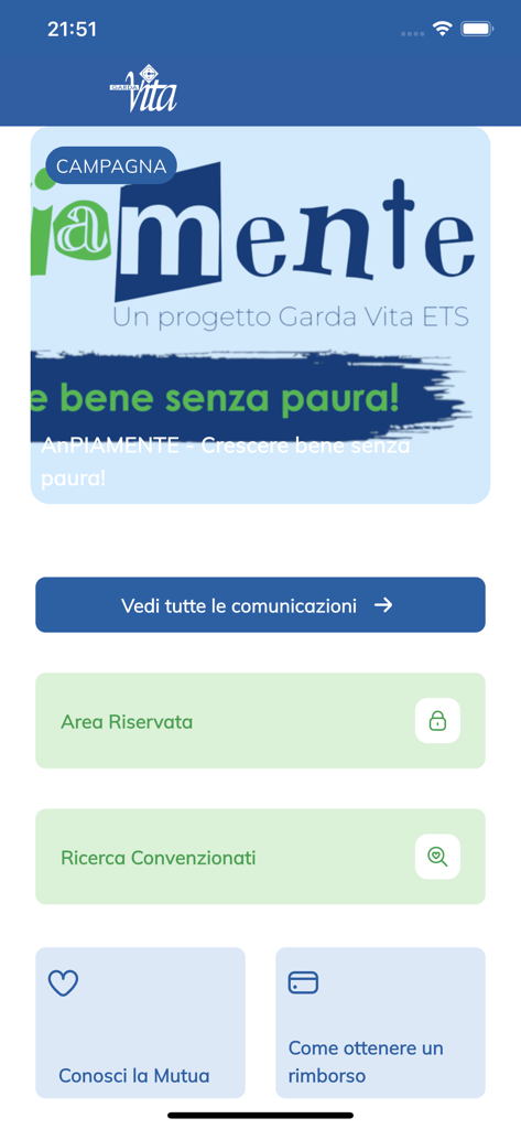 Garda Vita mobile app home screen showing member services and healthcare search