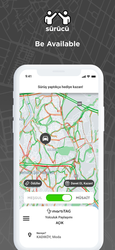TAG Sürücü - Una captura de pantalla de la aplicación del conductor TAG Surucu que muestra un mapa de tráfico y un botón de alternancia configurado en disponible