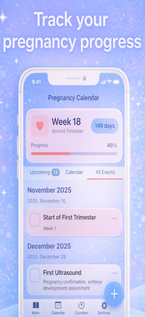 Pregnancy Tracker | Day by Day - Pregnancy tracker app screen displaying week 18 progress and upcoming calendar milestones like ultrasound appointments