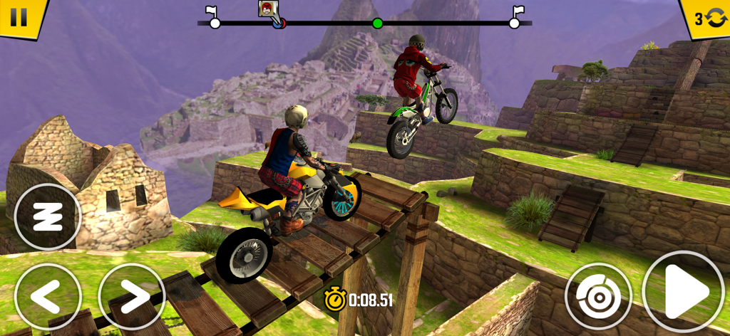 Trial Xtreme 4 Moto Bike Game - Two riders competing in a real-time PVP motorcycle race on a mountain ruins track in Trial Xtreme 4.