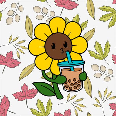 flower with a smiley face drinking a boba
