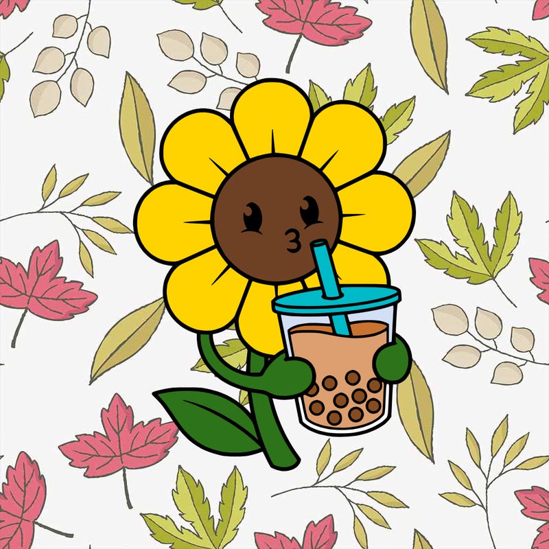 flower with a smiley face drinking a boba