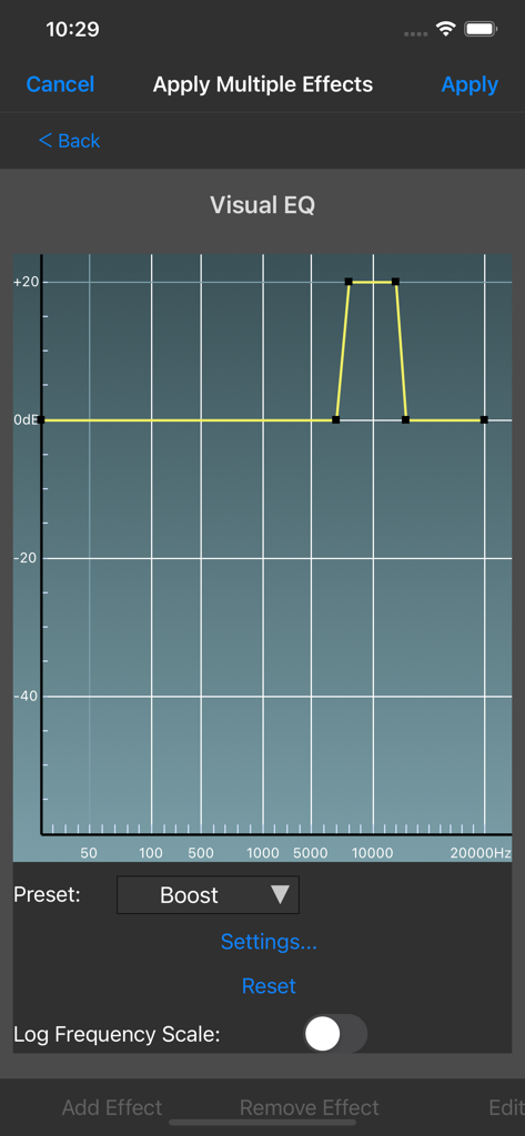 Express Mix Multitrack Mixer - Visual EQ interface in Express Mix Multitrack Mixer app showing frequency boost settings on a graph