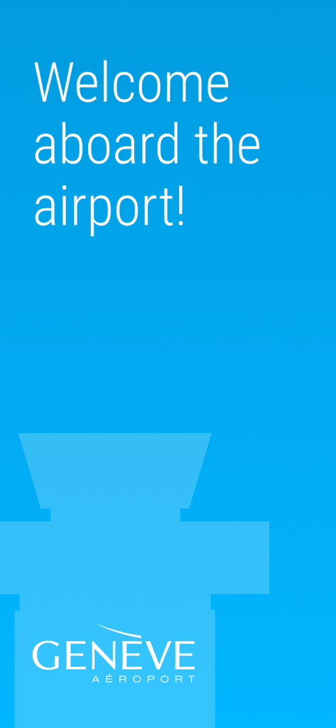 Schermata di benvenuto dell'app Geneve Aeroport con sfondo blu e logo dell'aeroporto