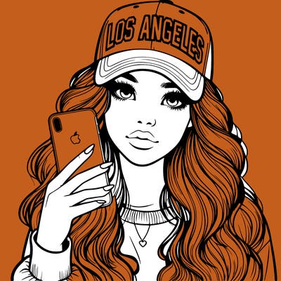 realistic beautiful girl wearing los ángeles cap holding an iphone