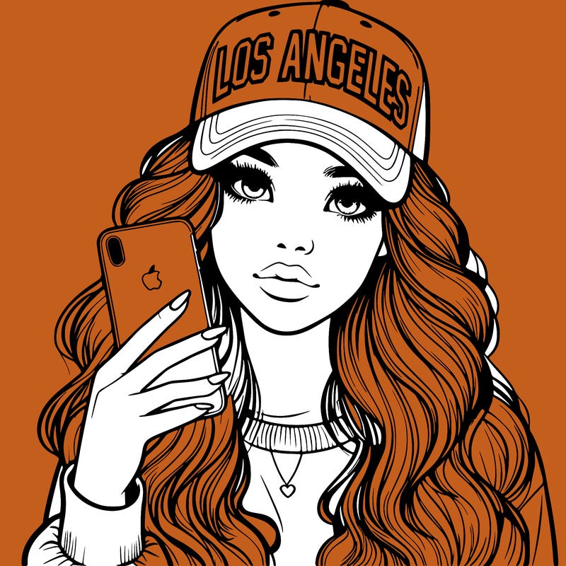 realistic beautiful girl wearing los ángeles cap holding an iphone