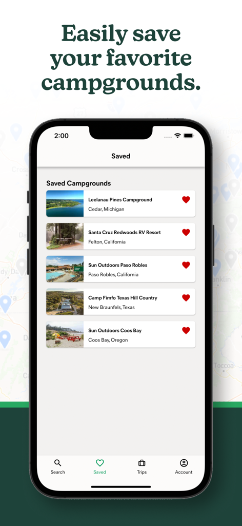Campspot mobile app interface displaying a list of saved favorite campgrounds with photos and locations