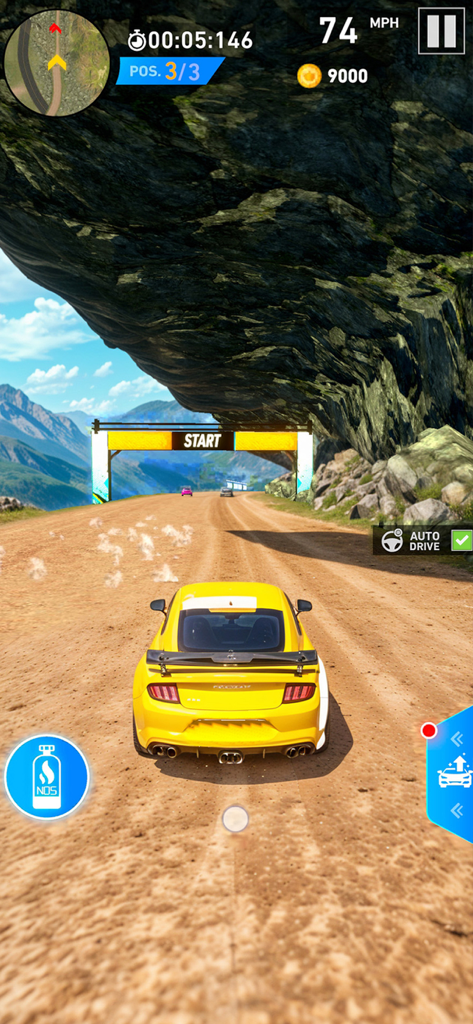 Car Games - Racing Master Pro - A yellow sports car at the start line of a scenic highway race under a large rock formation