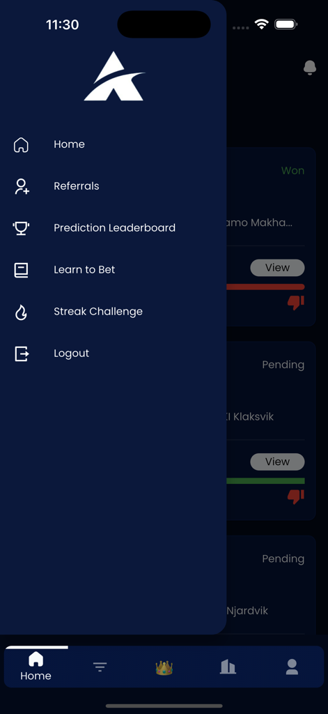 Apex Tips - Apex Tips app sidebar navigation menu showing various features like Prediction Leaderboard and Learn to Bet.