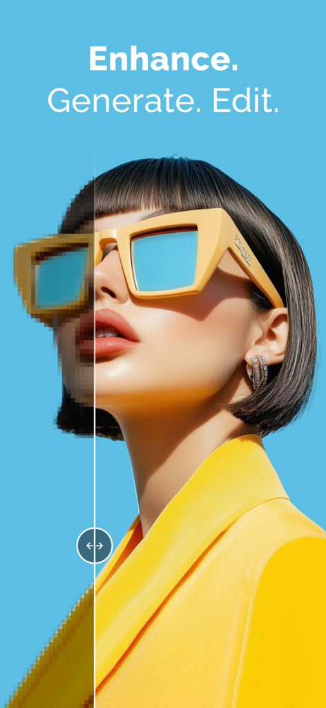 AI Art Photo Editor, GIF Maker - Comparação de tela dividida mostrando um retrato pixelado sendo transformado em uma imagem de alta definição usando aprimoramento de IA