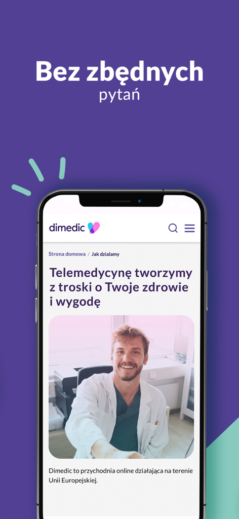 Dimedic - recepta na zdrowie - Interfaccia dell'app mobile Dimedic che mostra un medico sorridente e informazioni sui servizi di consulenza medica