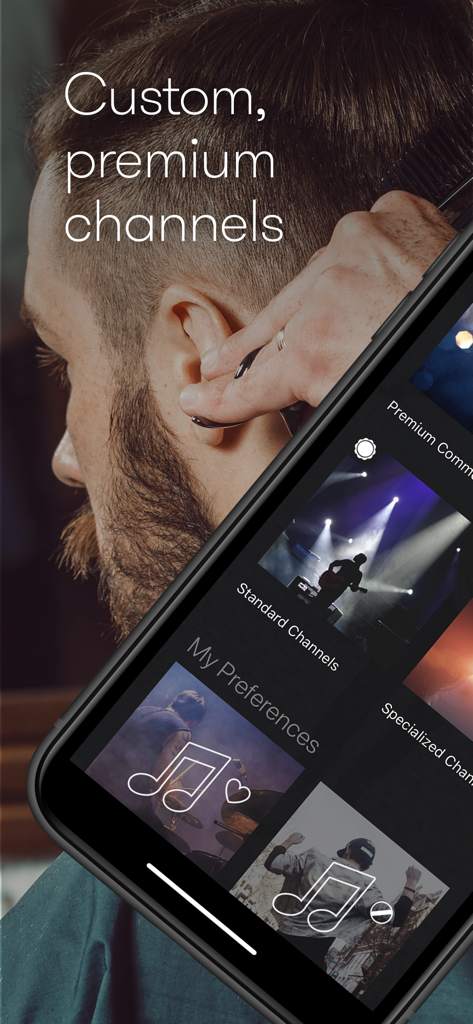 Stingray Music for Business mobile app interface displaying custom and premium music channels for commercial use