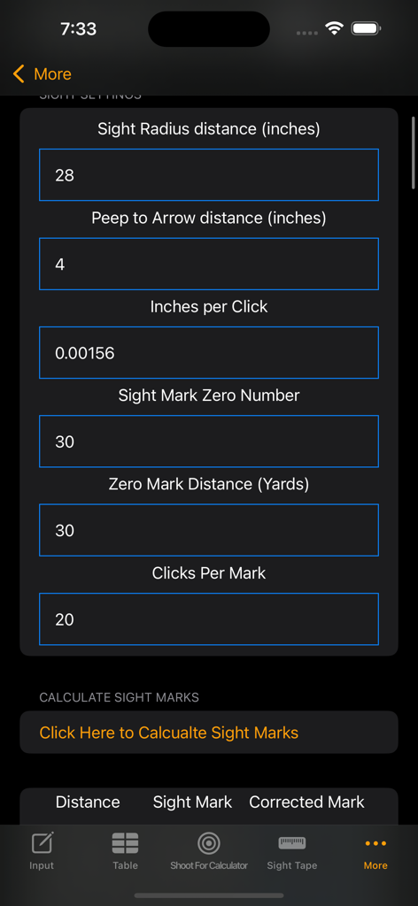 PRO Archery Ballistics - PRO Archery Ballisticsアプリでのボウサイト設定の入力とサイトマーク計算のための技術的なインターフェース。 