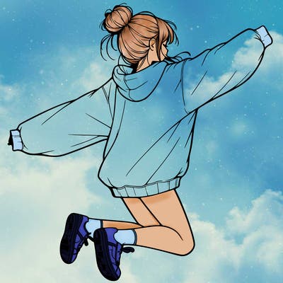 realistic girl jumping with a bun and oversized sweatshirt