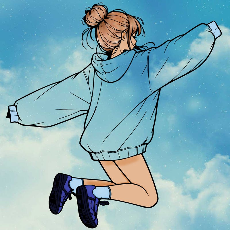realistic girl jumping with a bun and oversized sweatshirt