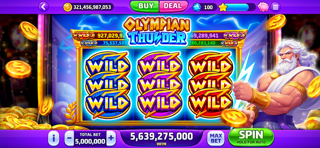 Macchina da slot a tre rulli Olympian Thunder che mostra una grande vincita con simboli jolly e personaggio di Zeus