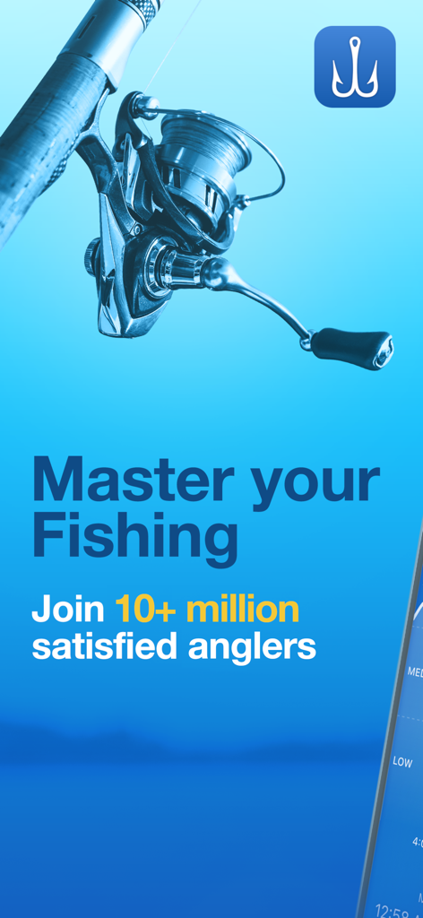 Fishing Points: Map & Forecast - Promotional image for Fishing Points app featuring a fishing reel and the text Master your Fishing.
