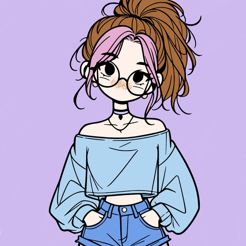 girl with a messy ponytail glasses a baggy crop top and jean shorts