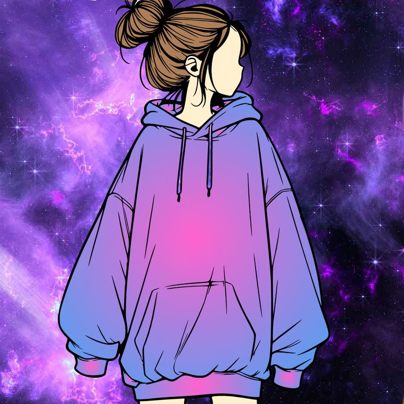 realistic girl with a oversized sweatshirt on and a bun